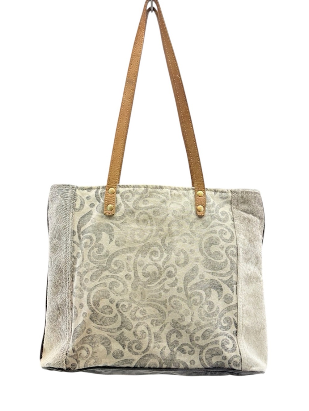 Myra Bag Neutral Gray Swirl Pattern Leather Faux Animal Skin Canvas Tote Bag